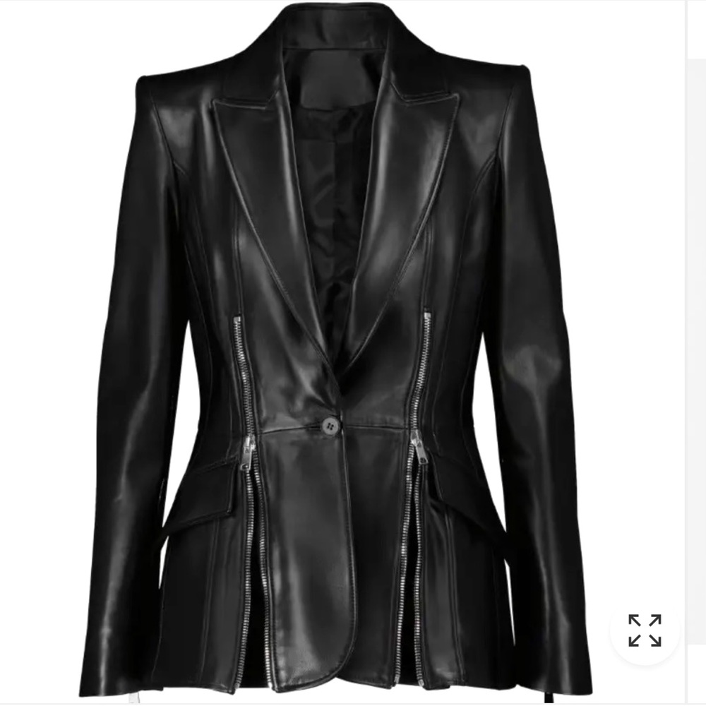 Chic & Savvy Leather Blazer with Zippers. Single breasted leather blazer.